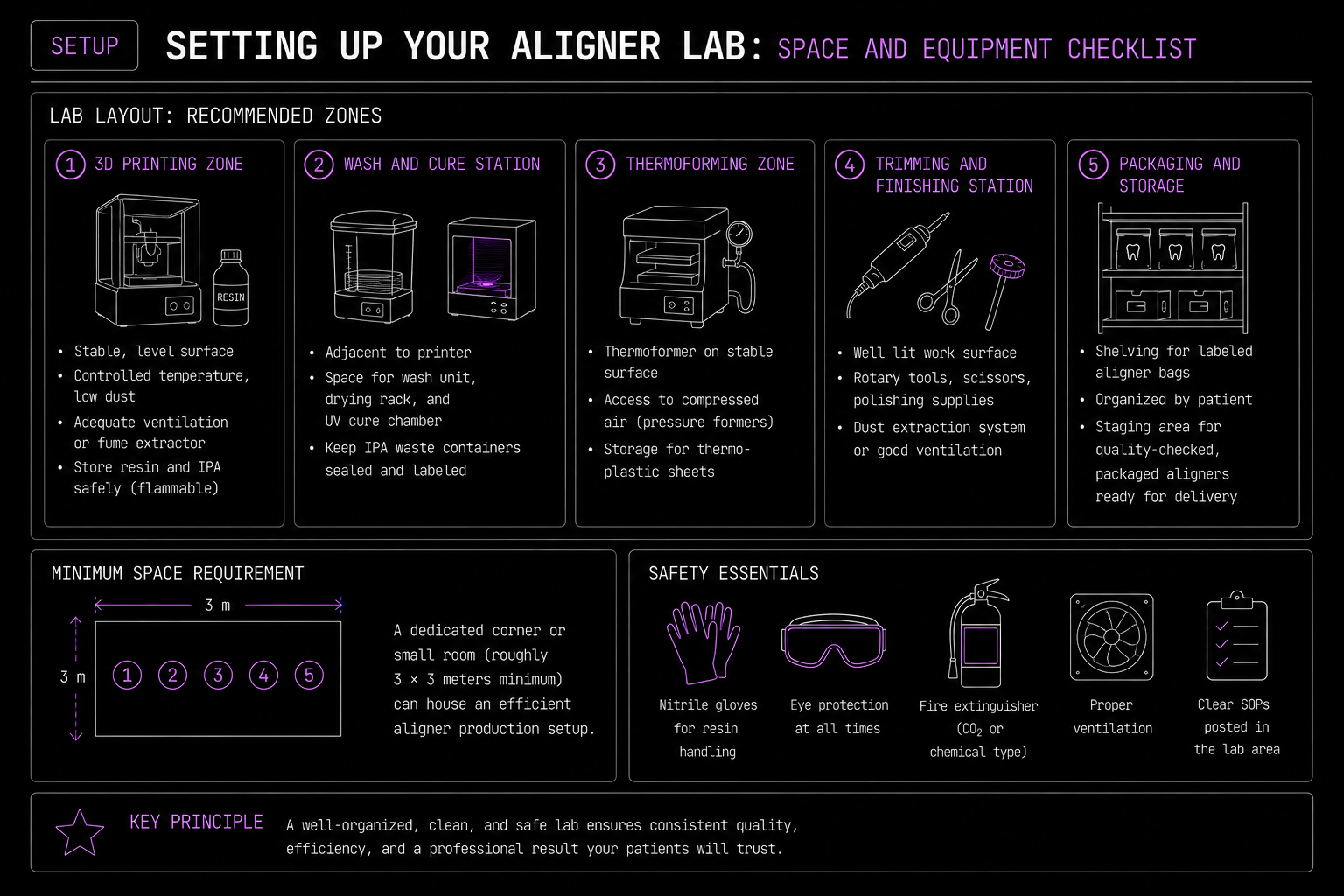 Setting up your aligner lab — space and equipment checklist. Five recommended zones: 3D printing, wash and cure, thermoforming, trimming and finishing, packaging and storage. Minimum 3×3 meter footprint. Safety essentials: nitrile gloves, eye protection, fire extinguisher, ventilation, posted SOPs.