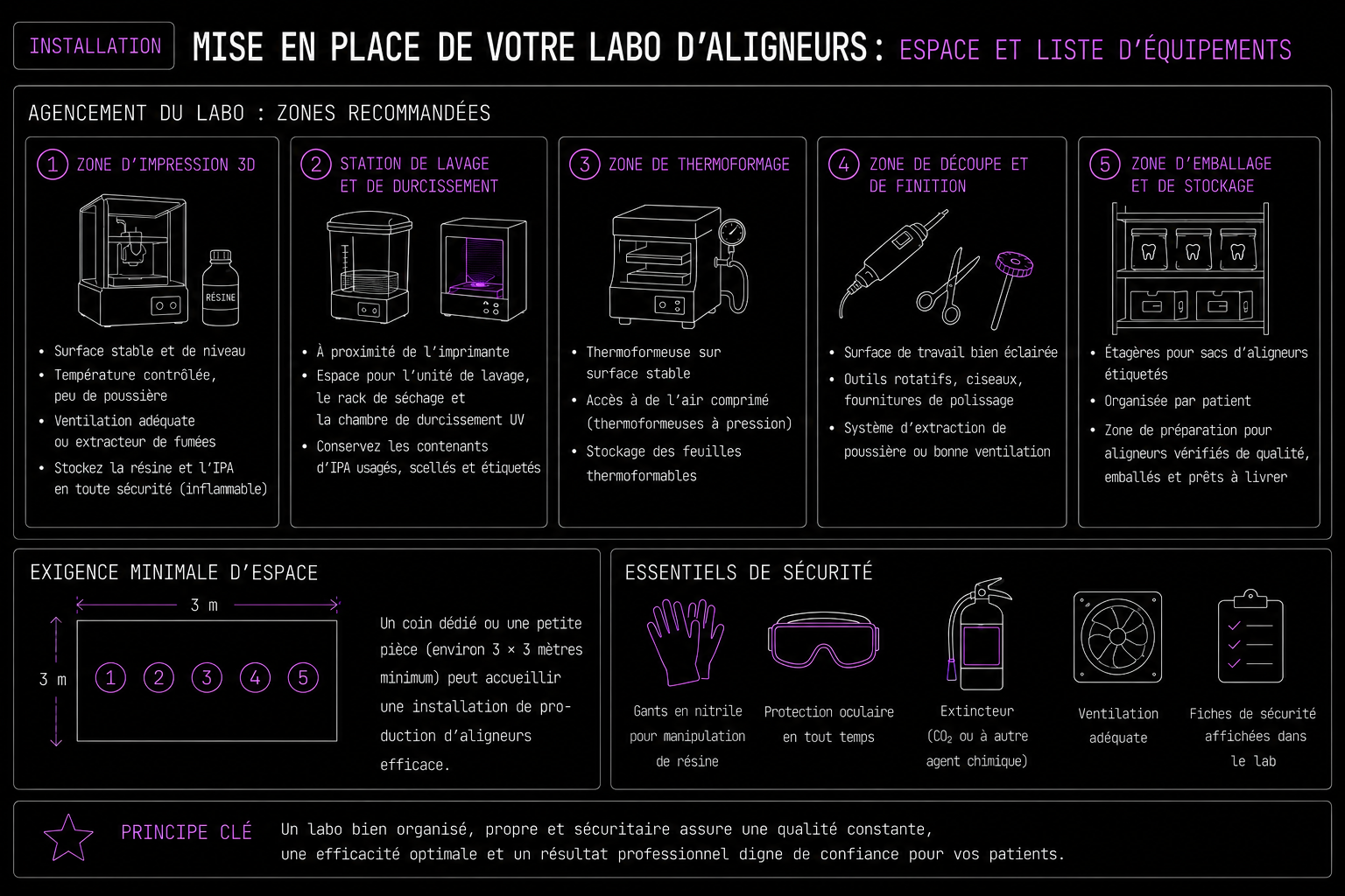 Mise en place de votre labo d'aligneurs — espace et liste d'équipements. Cinq zones recommandées : impression 3D, lavage et durcissement, thermoformage, découpe et finition, emballage et stockage. Empreinte minimale 3×3 mètres. Essentiels de sécurité : gants nitrile, protection oculaire, extincteur, ventilation, fiches de sécurité affichées.